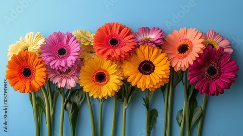 Colorful floral arrangement featuring various blooms against a bright blue ba...