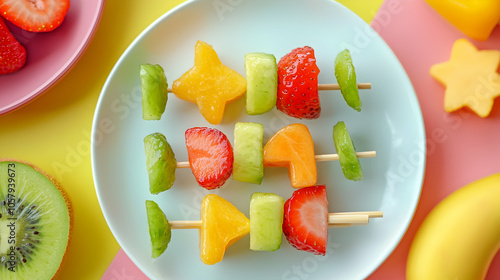 Colorful fruit skewers, strawberries, kiwi, and cantaloupe pieces on a light blue plate. photo