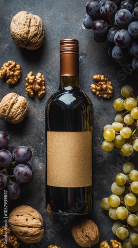 An arranged display of red and green grapes alongside nuts and a wine bottle ...