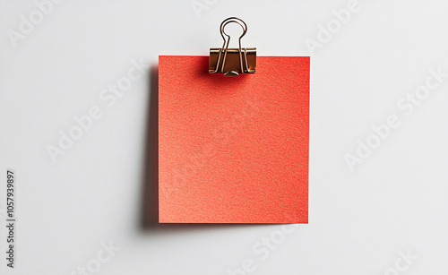Minimalistic image of a red square paper held by a metal binder clip against a plain white background, ideal for notes or design mockups.
