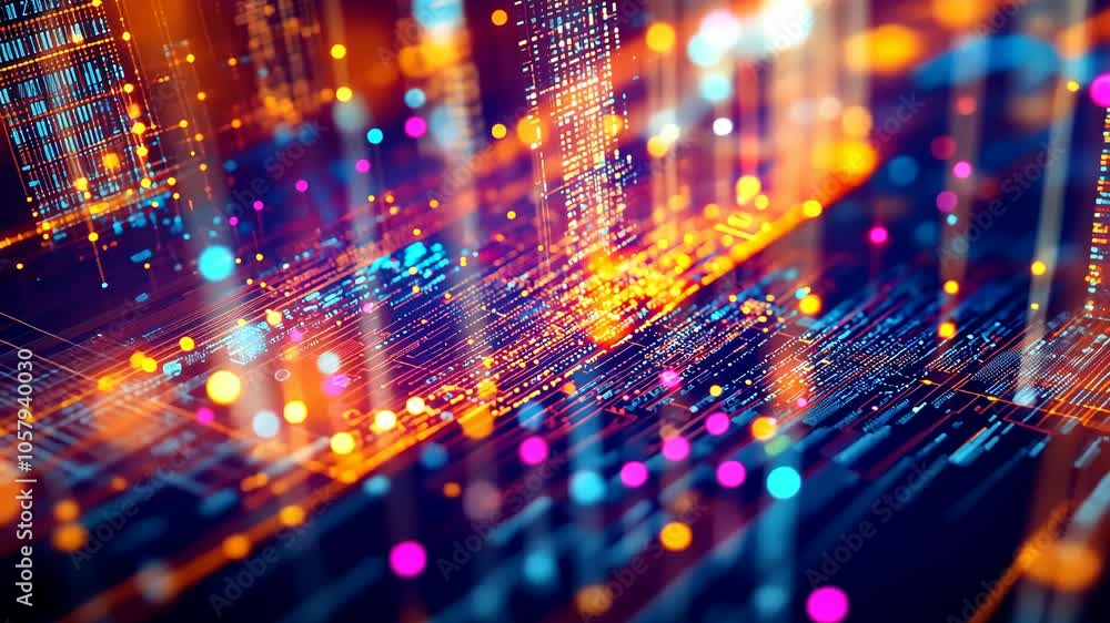 A digital rendering of a city made of glowing lines and dots A digital rendering of a city made of glowing lines and dots