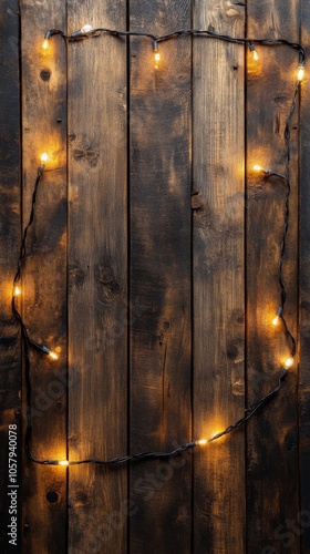Warm twilight atmosphere created by string lights on rustic wooden background...