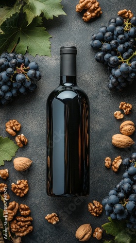 A rustic arrangement of wine bottle, grapes, walnuts, and grape leaves on dar...