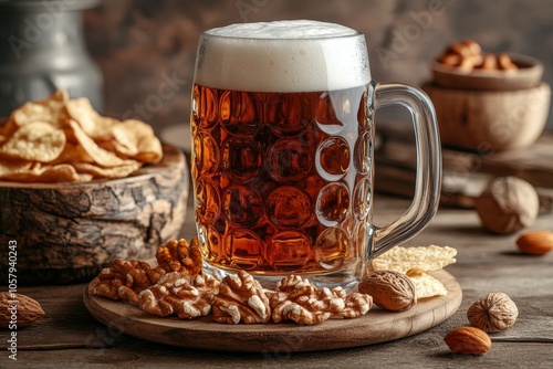 A glass of amber beer beside a wooden platter filled with assorted snacks in ...