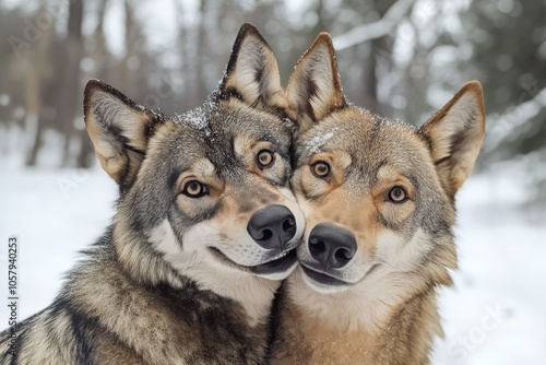 Two wolves sharing a close moment in a snowy forest during winter