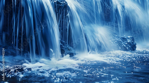 This image is of a waterfall. The water is blue and looks very smooth. The waterfall is in a forest and there are some rocks in the foreground.