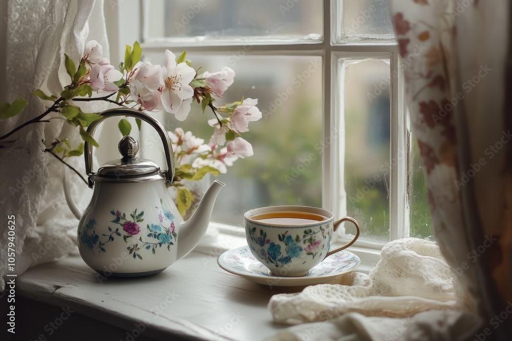 Homey Tea Still Life - Cup, Teapot and Spring Flowers by the Window Homey Tea Still Life - Cup, Teapot and Spring Flowers by the Window