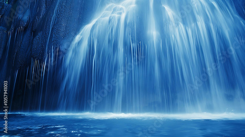 A beautiful waterfall in a tropical rainforest. The water is crystal clear and blue, and the falls are surrounded by lush green vegetation.
