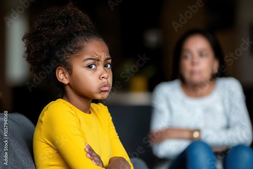 Black teenage girl and her mother quarrelling at home. Emotions, difficulties of parenthood, generational differences, communication breakdowns concept photo