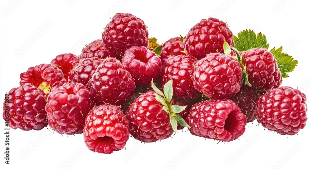 Fresh Raspberries on White Background. Delicious and Ripe Berry Pile Isolated with Green Leaf Fresh Raspberries on White Background. Delicious and Ripe Berry Pile Isolated with Green Leaf