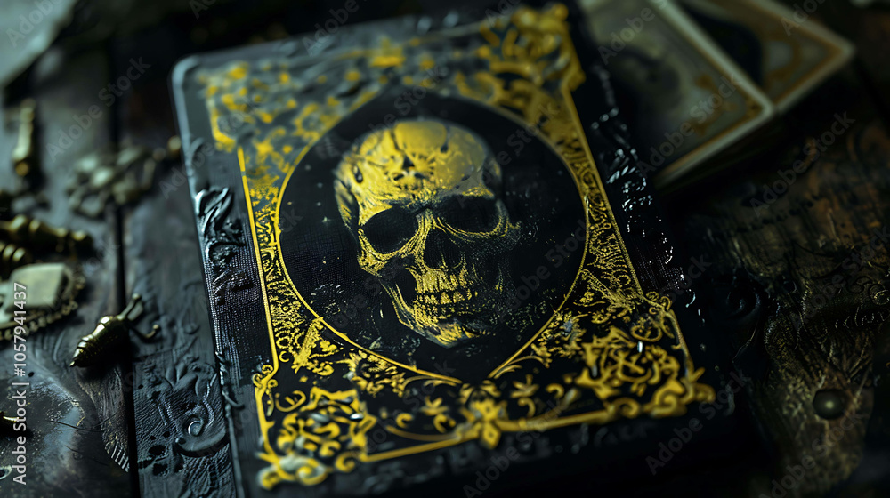 A closeup of a black and gold gilded skull tarot card. The card has a detailed skull design with ornate flourishes. A closeup of a black and gold gilded skull tarot card. The card has a detailed skull design with ornate flourishes.