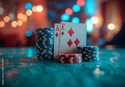 Close-up of poker chips and Ace-King of diamonds in a dimly lit casino setting. Vibrant lights add excitement to the scene.
 photo