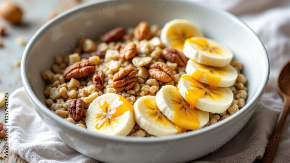Delicious bowl of oatmeal with banana slices, almonds, and maple syrup. Delicious bowl of oatmeal with banana slices, almonds, and maple syrup.