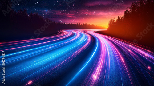 vibrant futuristic scene featuring illuminated neon lights and dynamic light streaks, evoking a sense of technology, innovation, and the thrill of the unknown in a sci-fi landscap