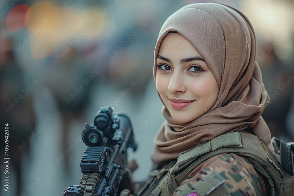 Portrait of a smiling female soldier wearing a hijab and military ...