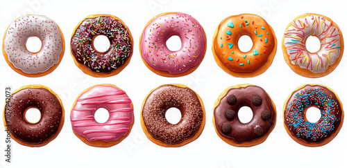 Sweet doughnut set top view. Different glazes and toppings sugar sprinkles. Delicious dessert cakes. Bakery product chocolate vanilla cream. Menu coffee shop decoartion design element Cartoon style