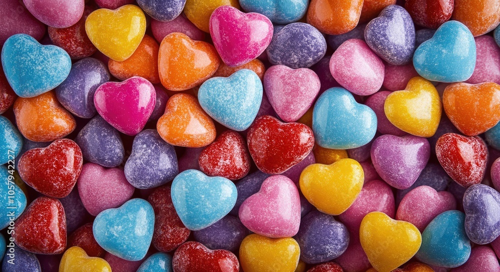 Vibrant Love: Heart-Shaped Candies in a Multicolored Romantic Background Vibrant Love: Heart-Shaped Candies in a Multicolored Romantic Background