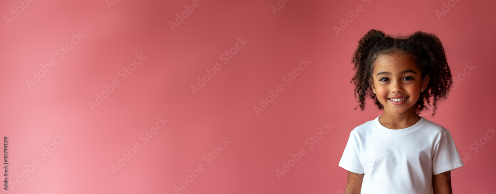 Smiling young cute girl wearing sunglasses and casual clothes. T-shirt with banner mockup for custom print design isolated on white on pink background. Smiling young cute girl wearing sunglasses and casual clothes. T-shirt with banner mockup for custom print design isolated on white on pink background.