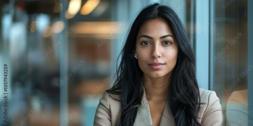 Naklejka premium Confident young Indian businesswoman posing thoughtfully in modern office, showcasing professional attire, strong presence, and determination for success, looking directly at camera.