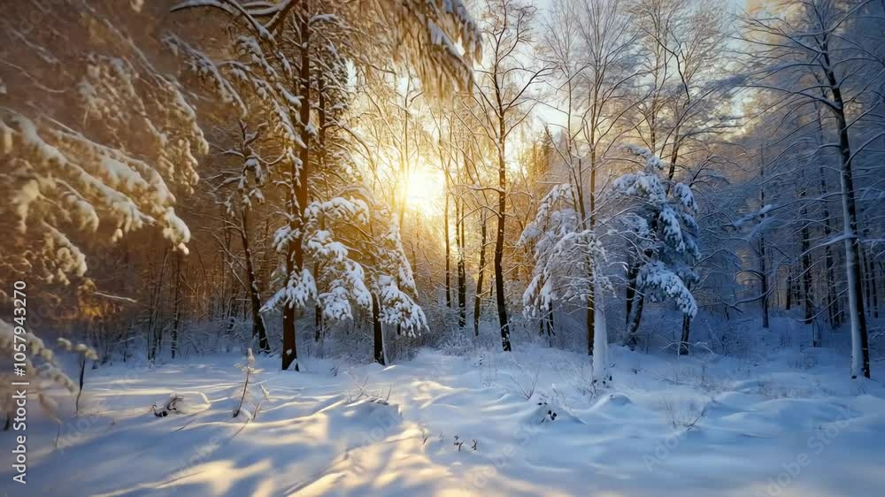 Sunlit snowy forest with frosty trees in winter wonderland, perfect scene for merry christmas and happy new year Sunlit snowy forest with frosty trees in winter wonderland, perfect scene for merry christmas and happy new year
