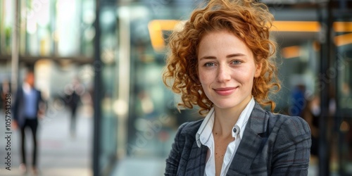Confident young businesswoman with curly red hair smiles in modern urban office environment, showcasing professional attitude and determination for success in corporate world.