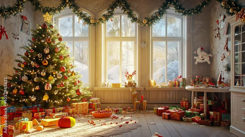 Cozy living room decorated with christmas tree and gifts by the window during the holidays, merry christmas and happy new year concept Cozy living room decorated with christmas tree and gifts by the window during the holidays, merry christmas and happy new year concept