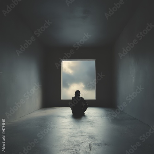 Lonely Figure Sitting on Cold Concrete Floor in Dimly Lit Room, Sad, Depression