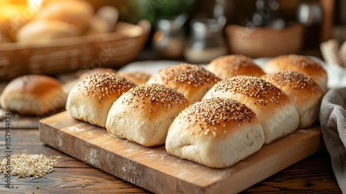 Several small, round, light-brown buns with sesame seeds are on a wooden cutting board. photo