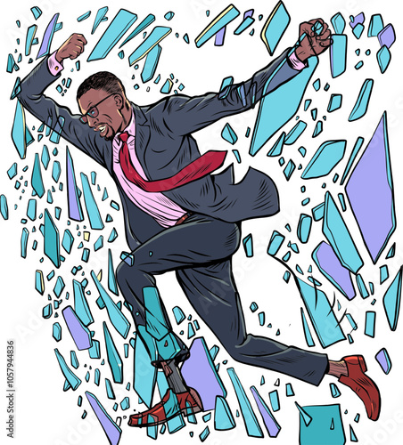 Breaking social shackles. Office man breaks glass. Striving to climb the career ladder.