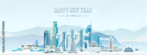 Los Angeles City landmarks happy new year 2025 snowy