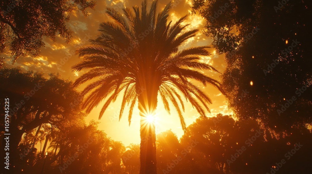 Palm tree silhouette at sunset with sunbeams shining through leaves. Palm tree silhouette at sunset with sunbeams shining through leaves.