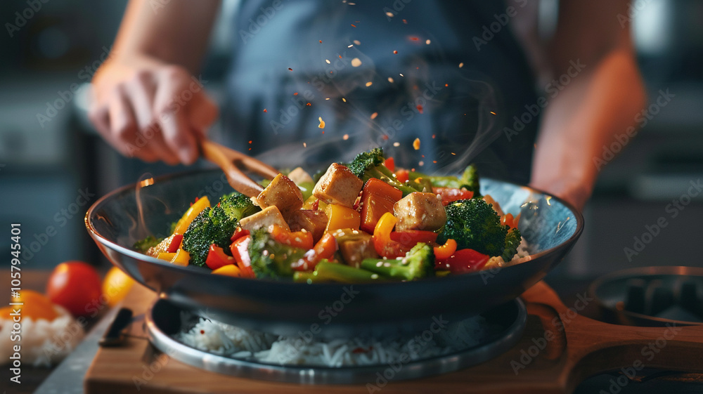 A hearty vegetable stir-fry with bell peppers, broccoli, and tofu, served over a bed of rice A hearty vegetable stir-fry with bell peppers, broccoli, and tofu, served over a bed of rice