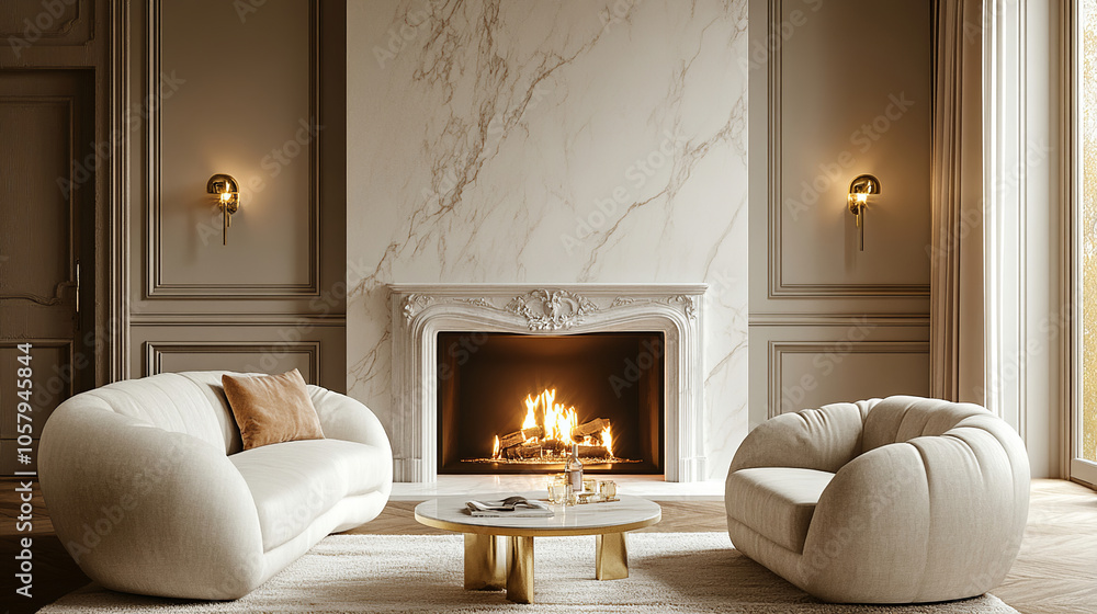 modern and luxurious interior design, living room with white fireplace ...