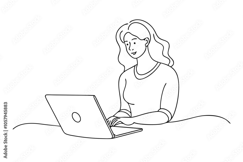 Simple Line Drawing of Woman Working on Laptop Simple Line Drawing of Woman Working on Laptop