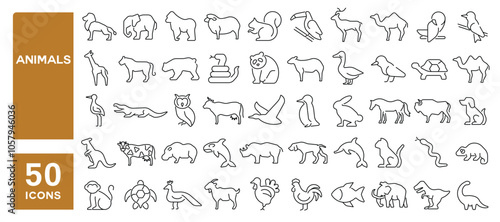 Set of 50 line icons related to animals, wild, pet, birds, domesticated, zoo, Editable stroke. Vector illustration