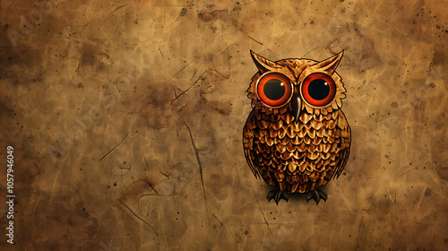 A digital painting of an owl with big red eyes. The owl is looking at the viewer with a curious expression. photo