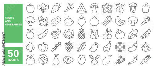 Set of 50 line icons related to fruits and vegetables, food, healthy, grocery, vegetarian, natural, fresh, Editable stroke. Vector illustration