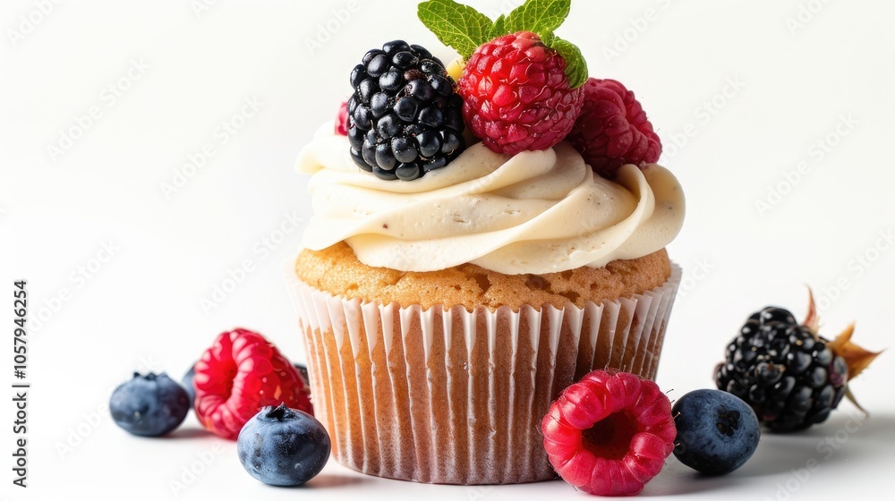 Berry-topped cupcake on white background Berry-topped cupcake on white background