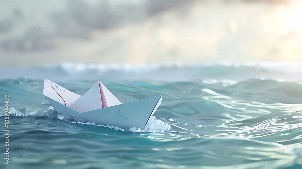 Obraz premium A small paper boat is floating on the water. The boat is white and has a red sail. The water is blue and the waves are small.