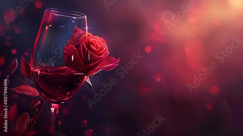 A beautiful red rose in a glass of red wine on a dark background. The rose is in full bloom and has a long stem with green leaves.