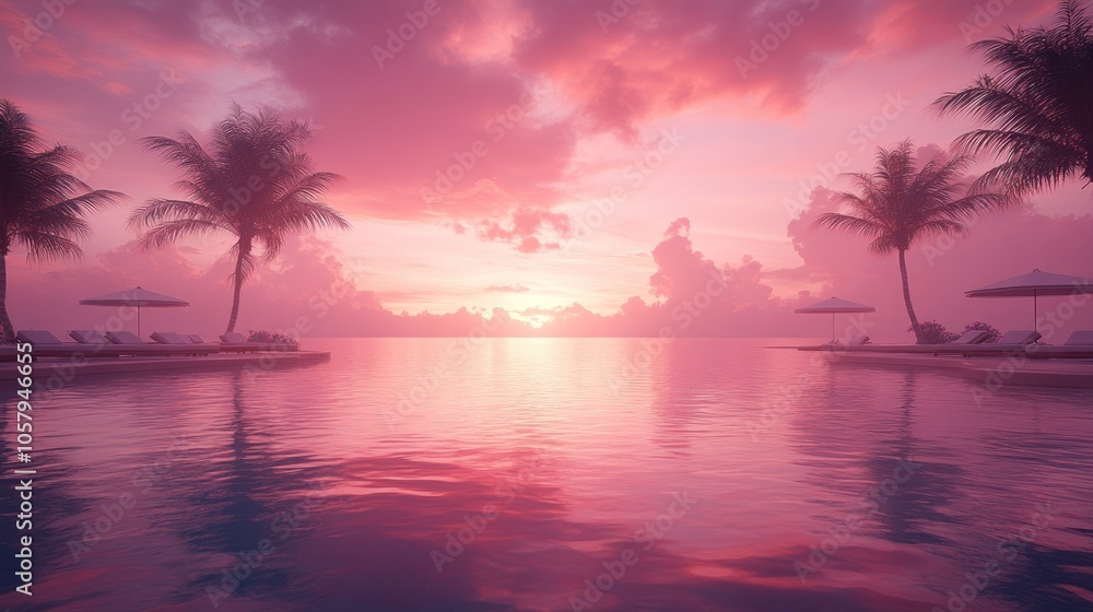 Pink Sunset Over Tropical Beach with Palm Trees and Pool. Pink Sunset Over Tropical Beach with Palm Trees and Pool.