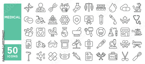 Set of 50 line icons related to medical, treatment, health, care, cure, medicine, report, hospital, Editable stroke. Vector illustration