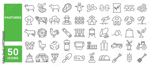Set of 50 line icons related to pastures, farm, agriculture, cow, sheep, chicken, harvest, meat, diary, cultivation, Editable stroke. Vector illustration