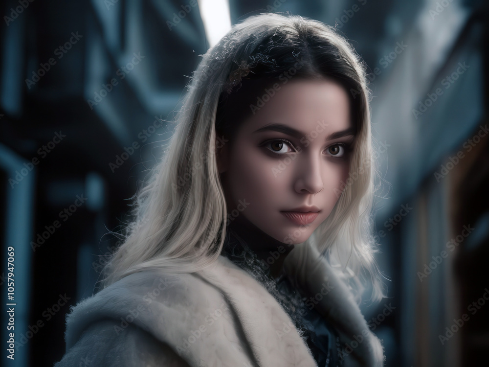 A beautiful young woman with intense eyes, draped in a white fur coat, stands in a softly illuminated urban alleyway. A beautiful young woman with intense eyes, draped in a white fur coat, stands in a softly illuminated urban alleyway.