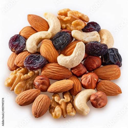 mix of nuts and dry fruits isolated on a white transparent background almonds walnuts hazelnuts and raisons on a pile healthy food photo