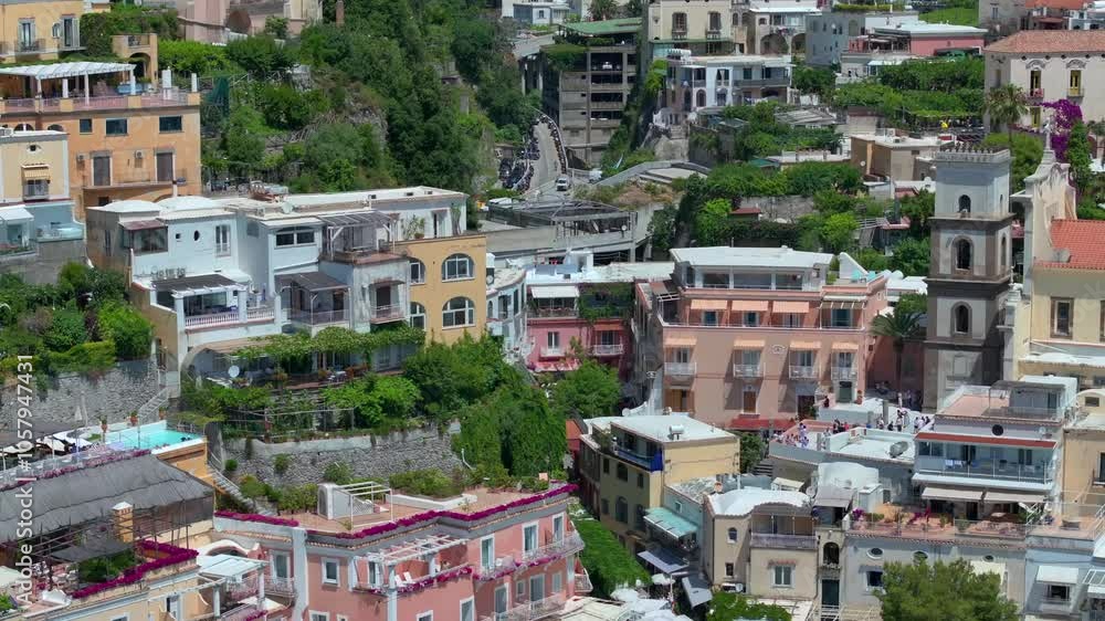 Positano, tourist destination on the Amalfi Coast, Italy. Aerial view of the famous tourist resort of the Amalfi coast. green juicy flora, Positano is a village in Naples metropolitan area. Positano, tourist destination on the Amalfi Coast, Italy. Aerial view of the famous tourist resort of the Amalfi coast. green juicy flora, Positano is a village in Naples metropolitan area.