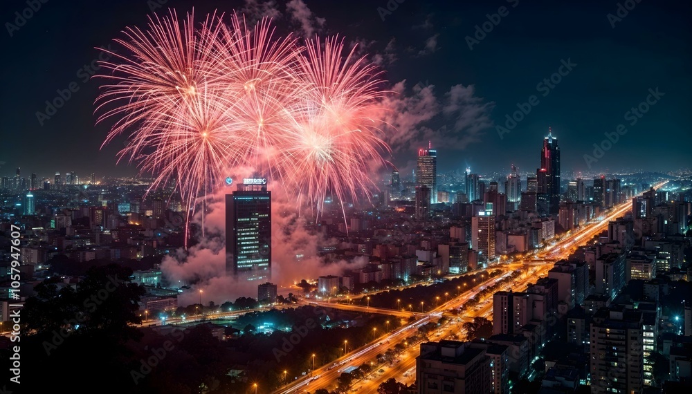 amazing fireworks display over the city skyline during a festive event, viewed from a busy highway amazing fireworks display over the city skyline during a festive event, viewed from a busy highway