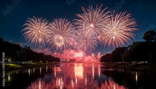 grand 2025 celebration fireworks lighting up the night sky over a city park and reflecting on the water 