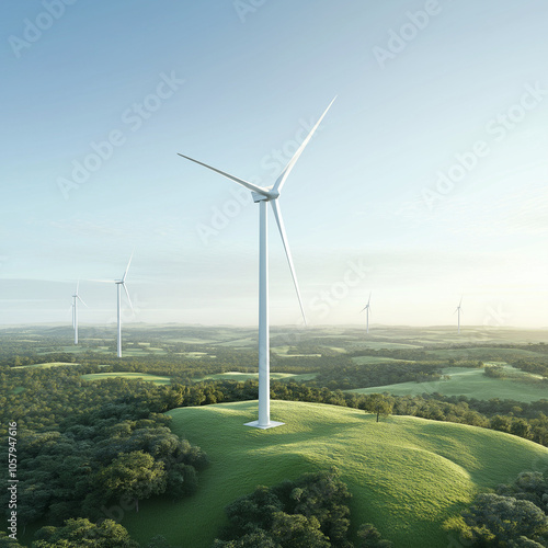 Scenic Wind Farm in Lush Green Landscape Featuring Modern Wind Turbines Against a Clear Blue Sky photo