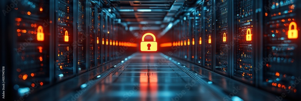 Data center corridor with security icons Data center corridor with security icons